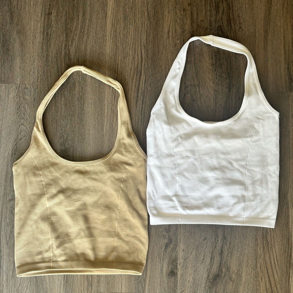American Eagle Ribbed Seamless Halter Tops - White and Camel - Size MD